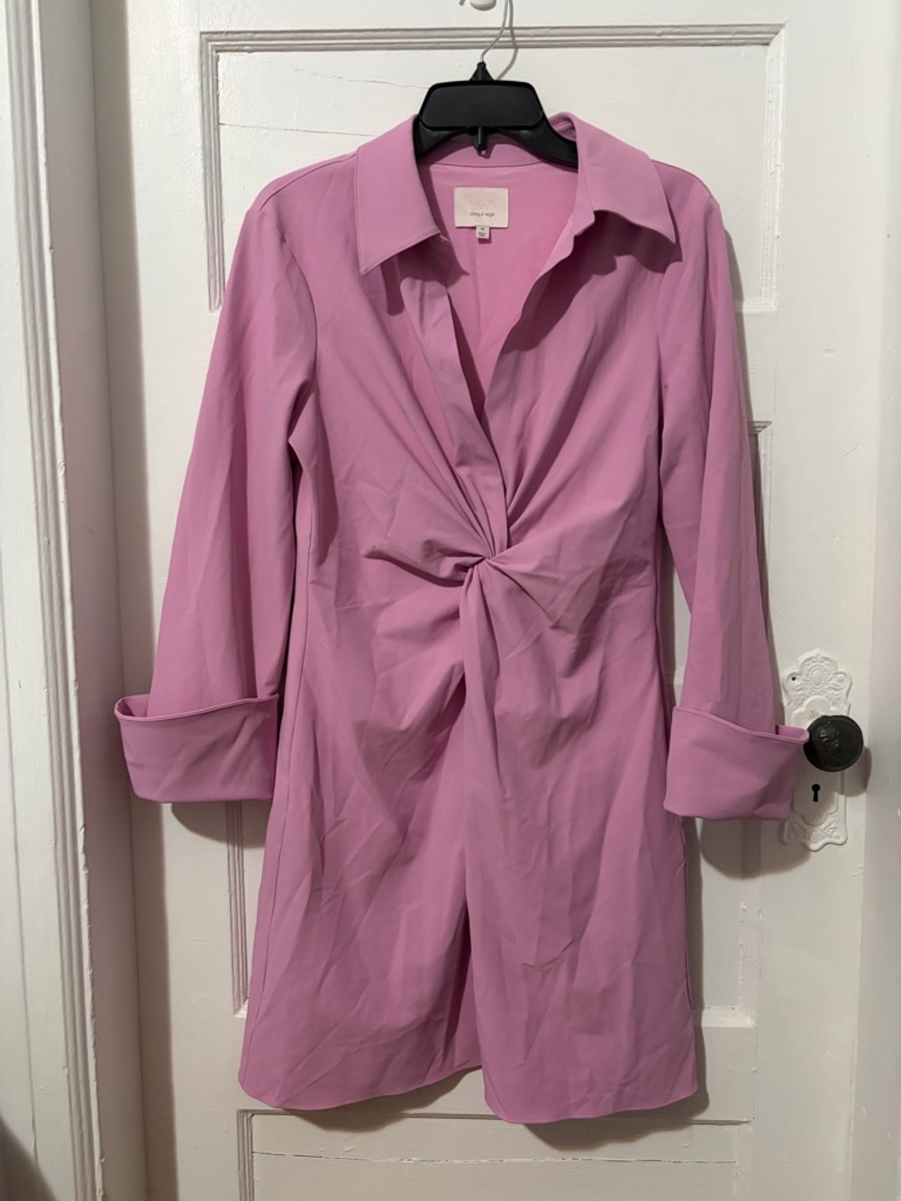 Twist Front Pink Collared Shirt Dress